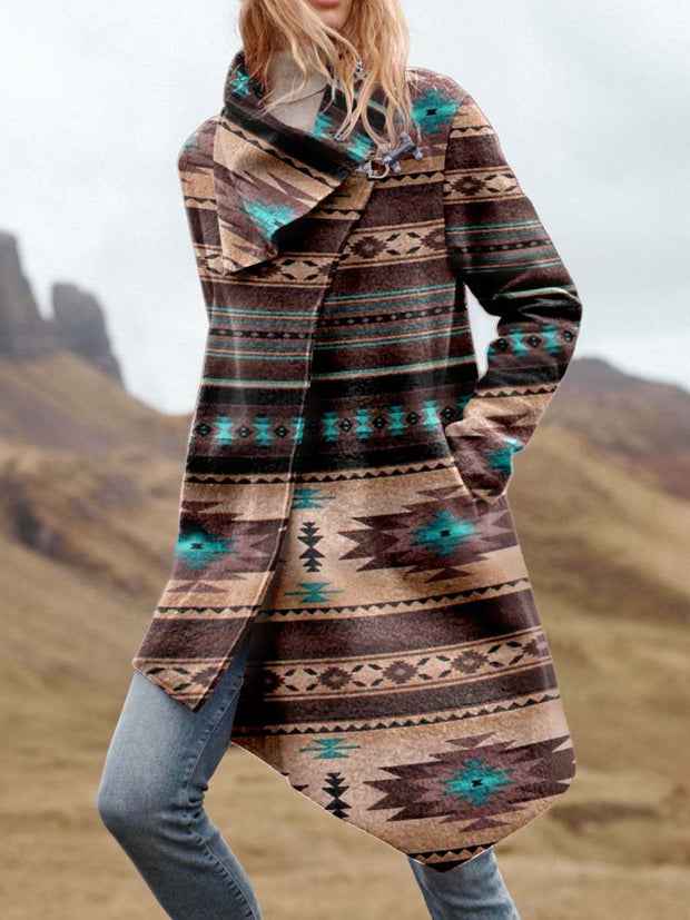 Women's Aztac Print Casual Asymmetrical Coat