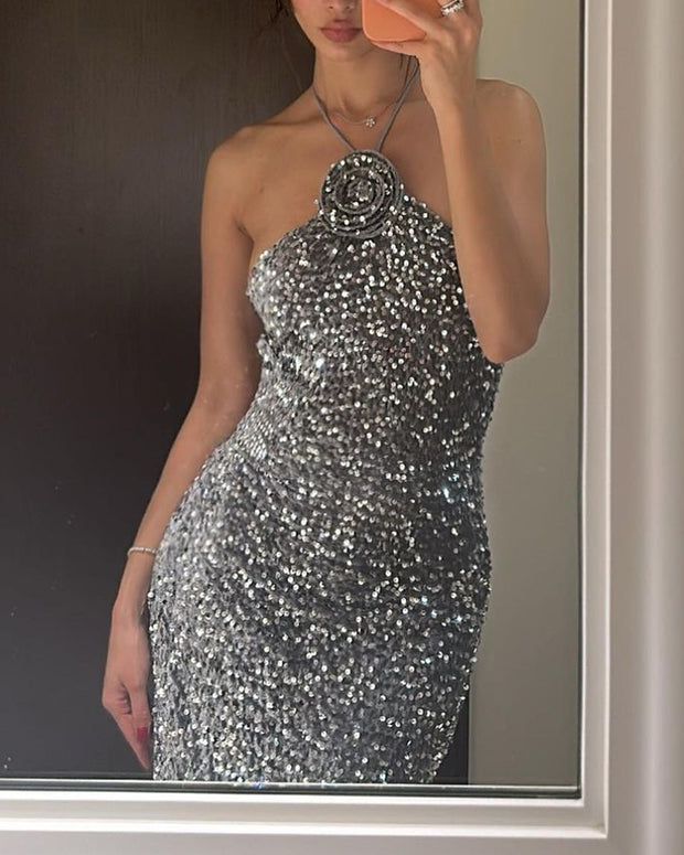 Silver Sequin Halter Sexy Halter Slim Dress