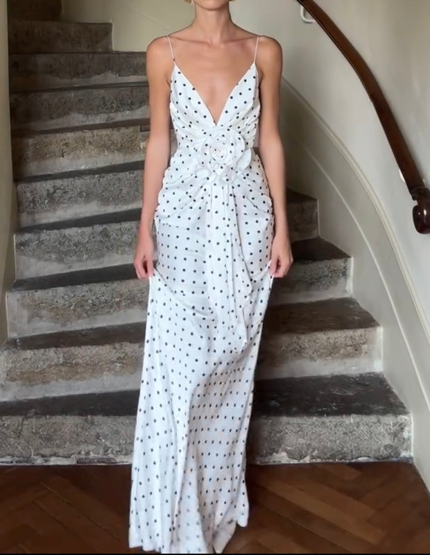Sling off-Shoulder Sexy Floral Polka-Dot Slim-Fit Waist-Slimming Long Dress