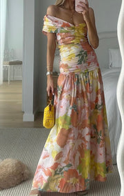 One-Shoulder Wrapped Chest Printed Corset Dress