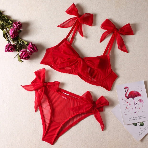 Red Mesh Bra Bow Bandage See-through Sexy Lingerie Set