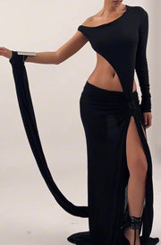 Sexy Large Hollow-out Single-Side Long Sleeve Asymmetric Dress