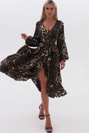 Wild Wild Long Sleeve Deep V Leopard Print Dress