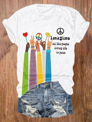 Retro Hippie Imagine All The People Living Life In Peace Print T-Shirt