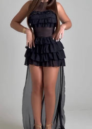 Hollow Lace Strap Tiered-Ruffle Long Dress