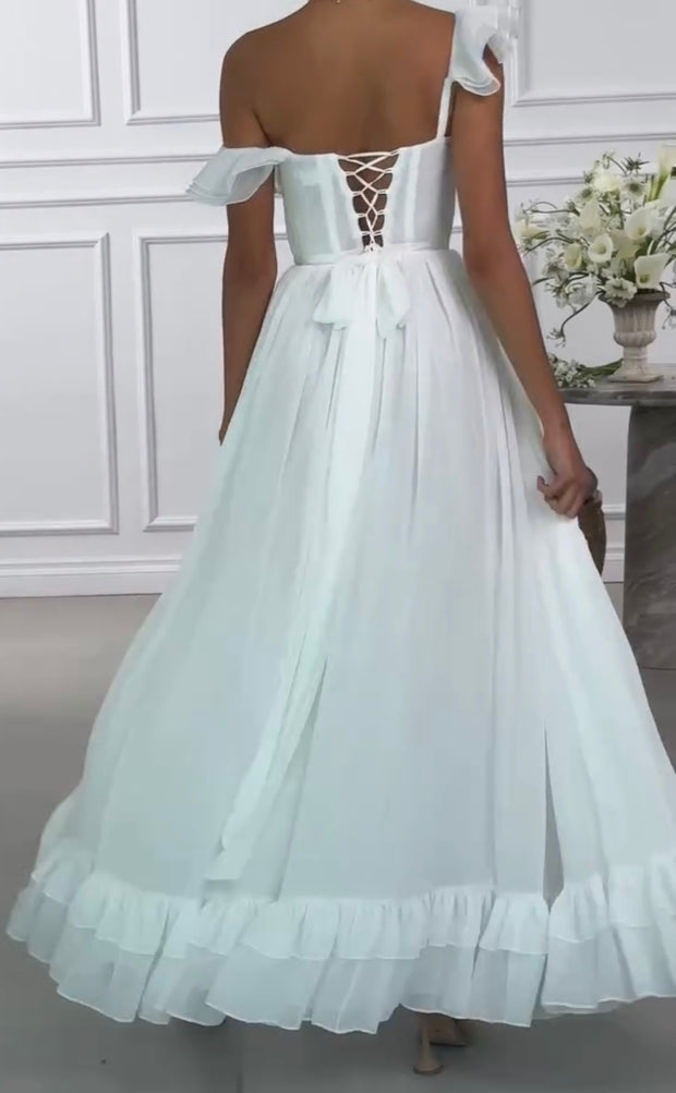 One-Shoulder Ruffled Fishbone Fold Split Long Dress