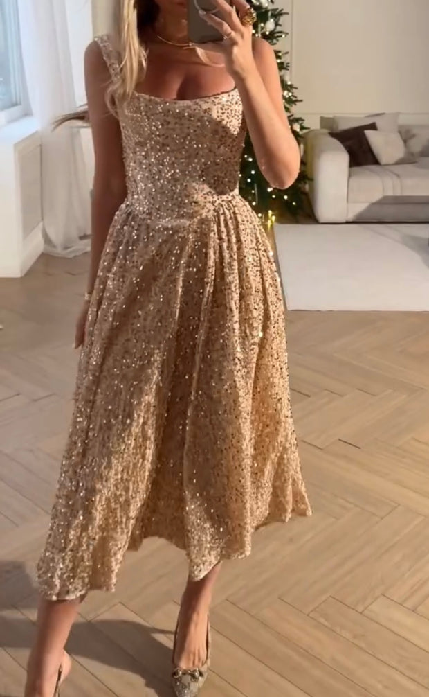 Sexy Sling Square Collar Sequins Dress