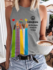 Retro Hippie Imagine All The People Living Life In Peace Print Tank Top