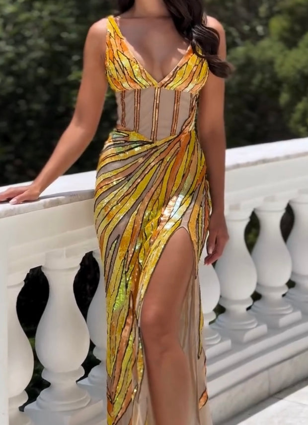 Suspenders Golden Irregular Pattern Slit Skirt