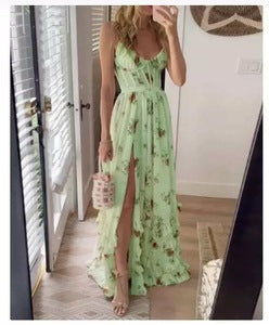 Amazon Cross-border European and American Clothing New Hot-selling Chiffon Print See-through Slit Suspender Dress