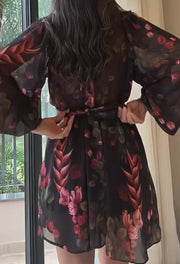 Long Sleeve V-neck Lace up Fashion Sexy Print Dress