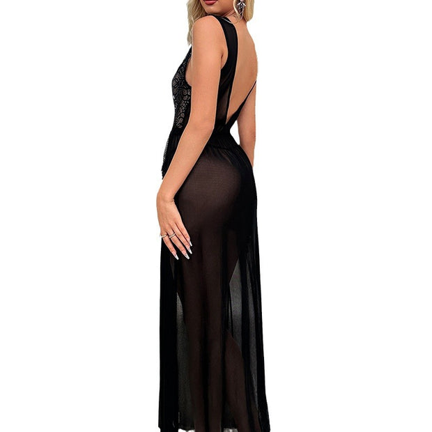 Women's Deep V Slit Lace Splicing Sling Long Dress