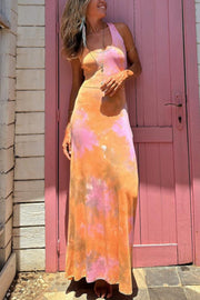 La Bamba Tie-dye Print Back Lace-up Stretch Maxi Dress