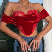 Velvet Stitching Flower Lace Slim Sexy Off-the-shoulder Top