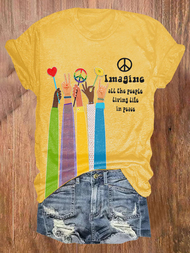 Retro Hippie Imagine All The People Living Life In Peace Print T-Shirt