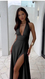 solid color sexy deep V backless  dress