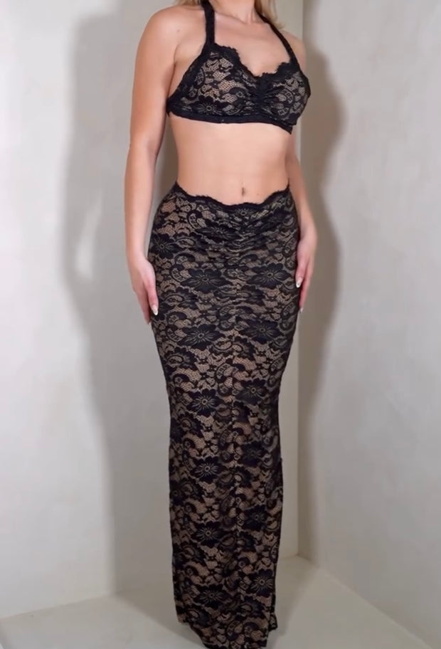Sexy Cutout Sling Top Solid Color High Waist Half Lace Skirt