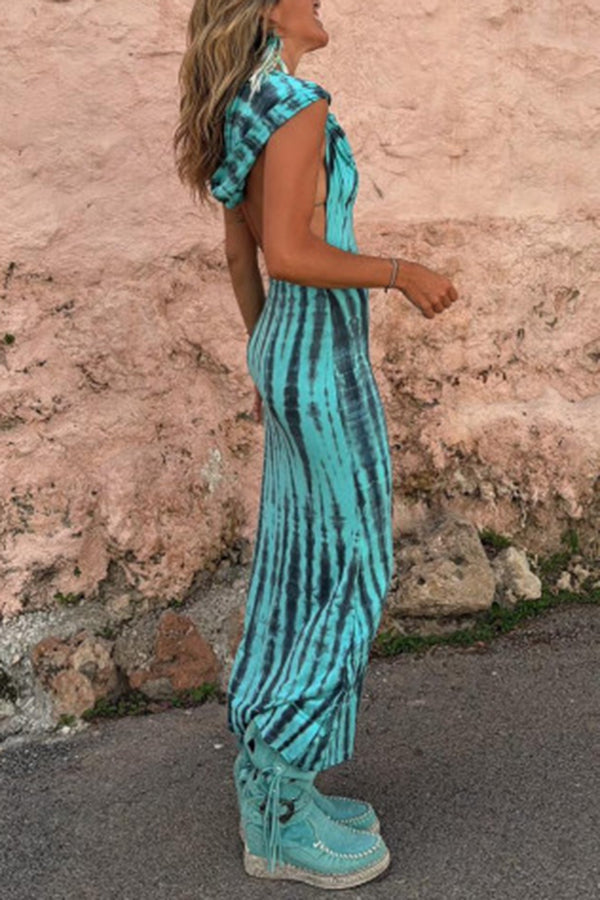 Pietra Tie Dye Print Scoop Neck Backless Hooded Stretch Maxi Dress