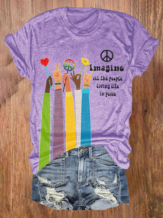 Retro Hippie Imagine All The People Living Life In Peace Print T-Shirt