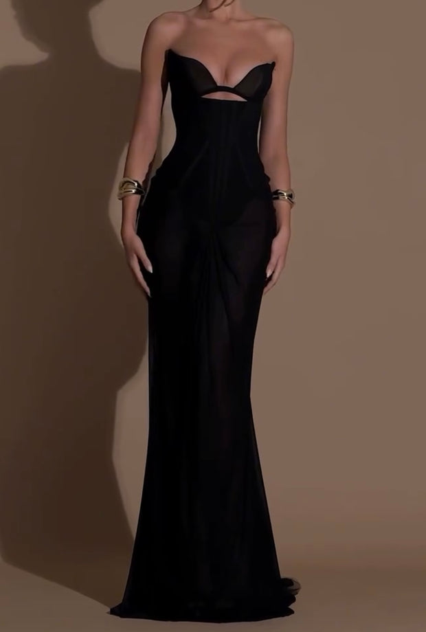 Sexy Bandeau Fishbone Velvet Stitching Waist Mesh Dress