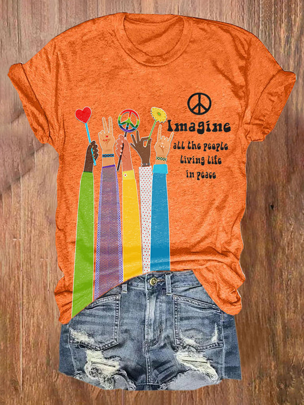 Retro Hippie Imagine All The People Living Life In Peace Print T-Shirt