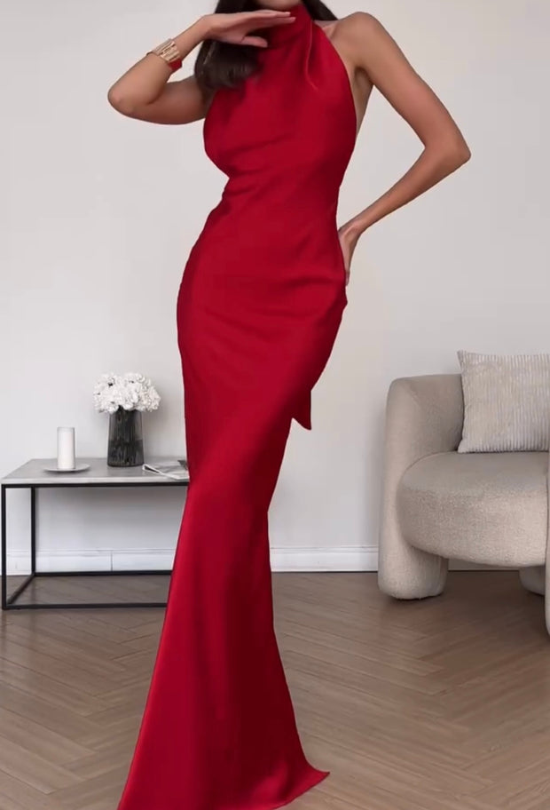 Elegant Slim Satin Elegant Backless Evening Dress