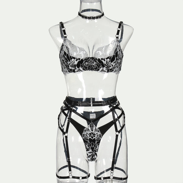 Bra Embroidered Mesh Spliced Hollow Sexy Underwear Set