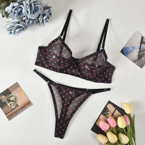 Love Mesh Floral Print Ultra-thin See-through Sexy Steel Ring Push Up Bra Set