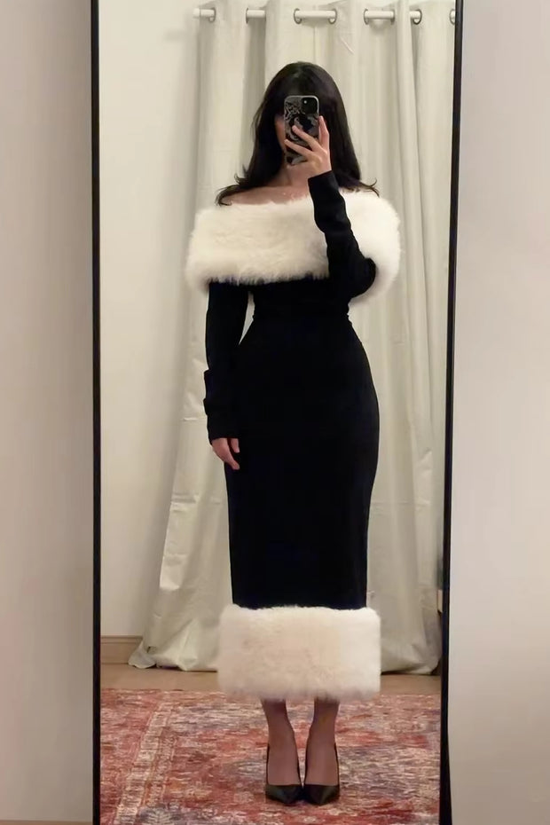 Sexy Plush Long Sleeve off-the-Shoulder Bag Hip Dress