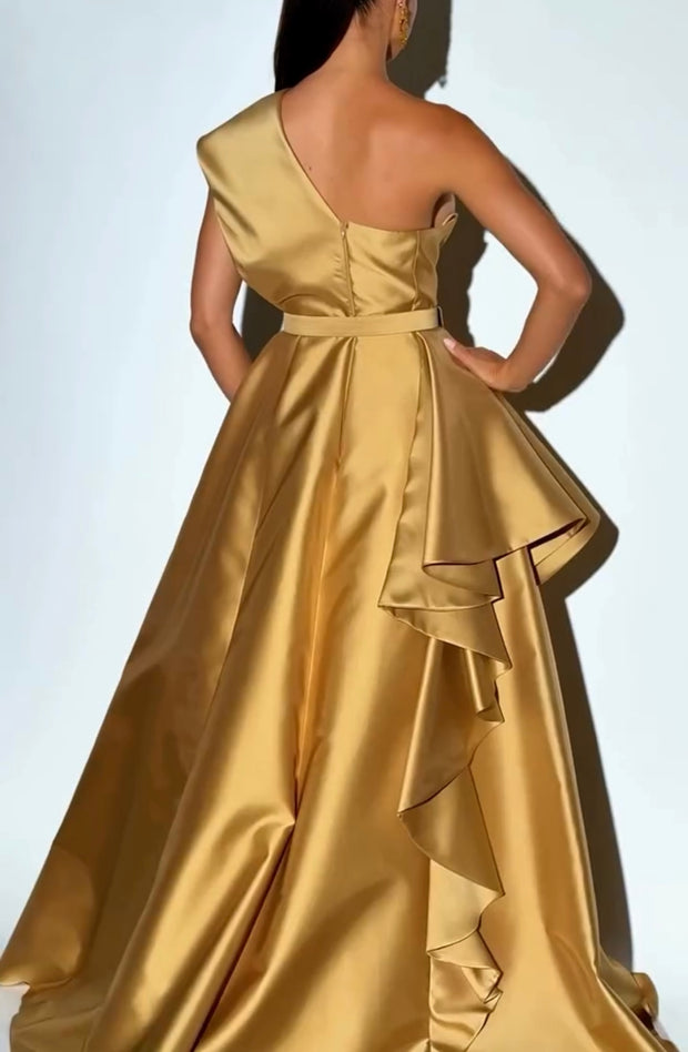 Oblique Shoulder Elegant Noble Satin Solid Color Deep V Dress