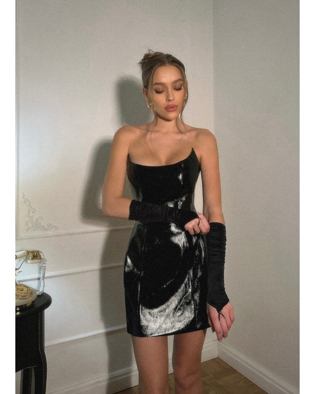 2024ss sexy strapless leather dress