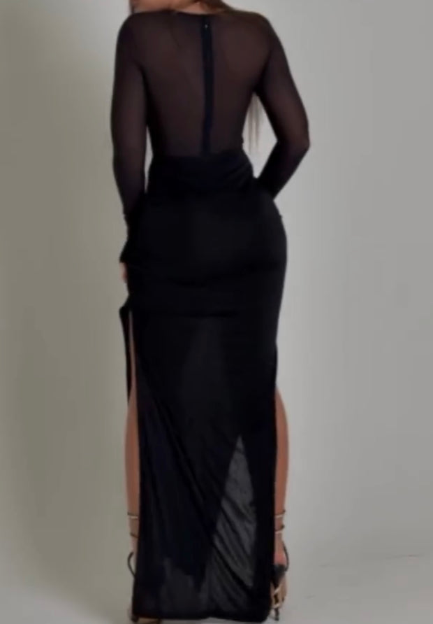 Diamond-Encrusted Chest Lace Stitching Hip Split Dress