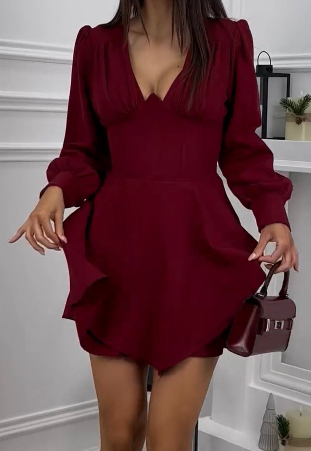 Temperament Elegant V-neck Pleated Long Sleeve Solid Color Dress