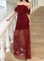 Elegant Boat-Neck Mesh Shiny See-through Dress