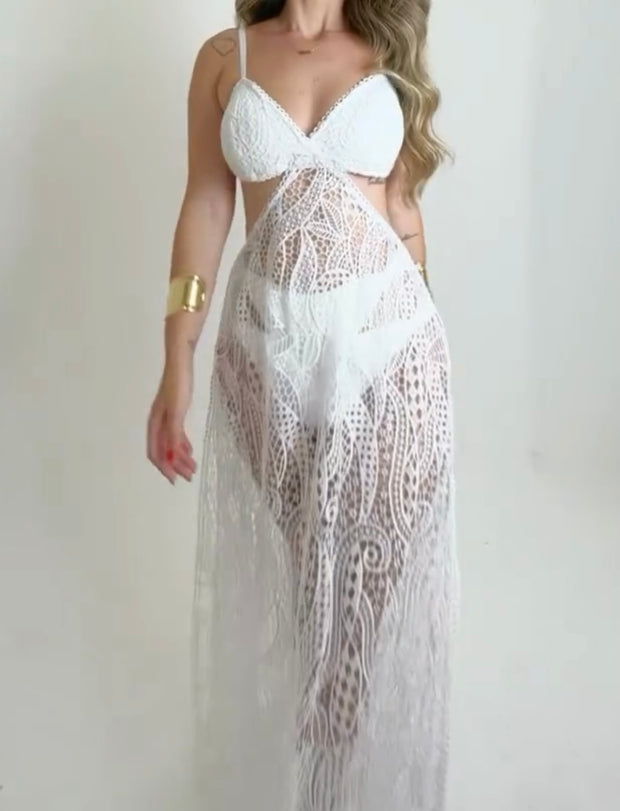 Spaghetti Straps Chest Wrap Stitching Temperament Lace Long Dress