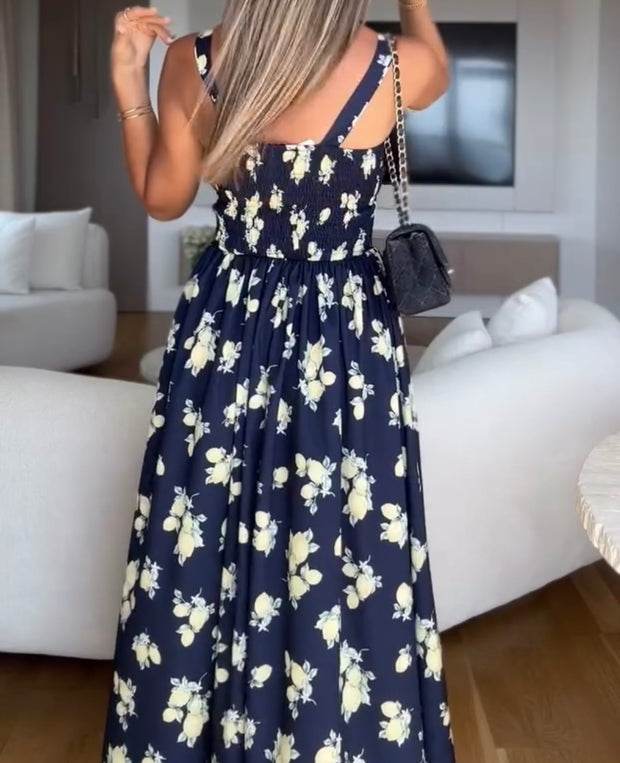 Low Collar Tied High Waist Split High Waist Printed Dress