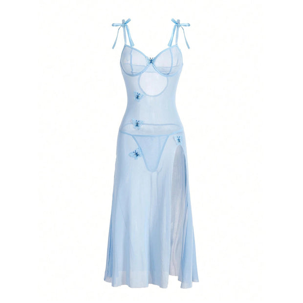 Sexy Sheer Mesh Seduction Lace Backless High Slit Light Blue Sexy Sling Dress