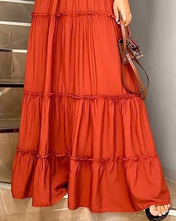 Bandeau Shirring Design Layered Ruffles Maxi Dress