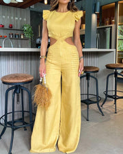 Solid color flying sleeve cutout waist jumpsuit wide leg pants