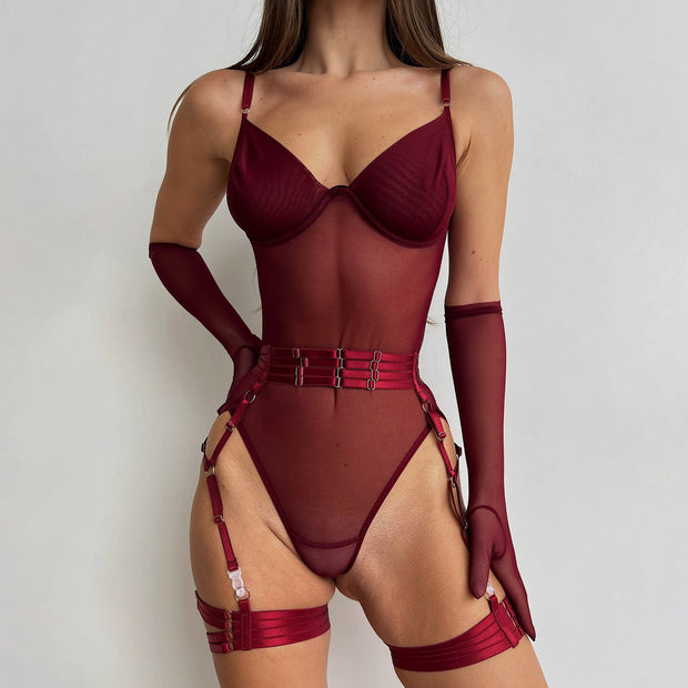 Popular Jumpsuit Mesh Stitching Underwear Body Shaping Strap Complex Craft With Gloves