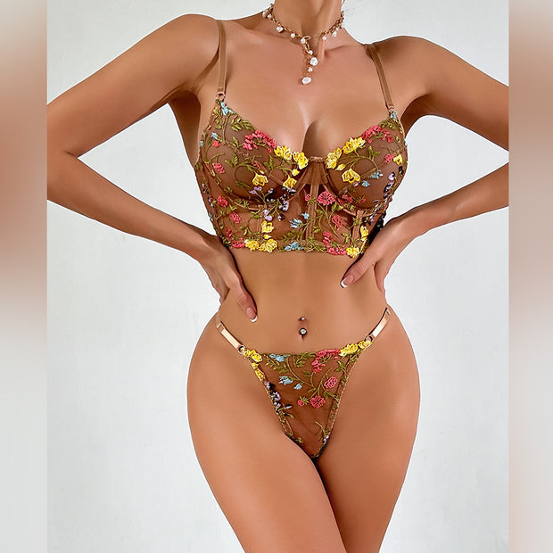 Underwear Embroidered Flower Fishbone Sexy Push Up Suit