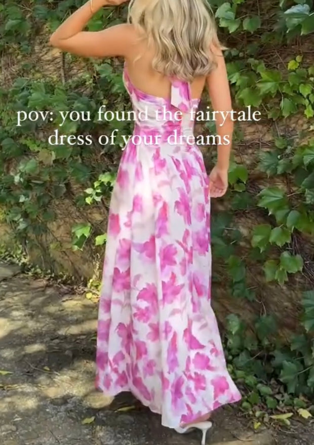Elegant V-neck Halter Printed Waist-Controlled Large Swing Dress