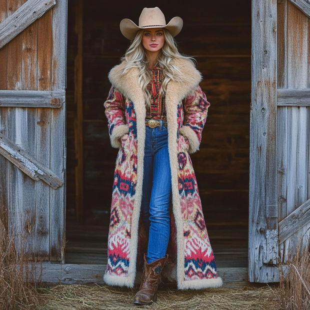 Western Retro Style Women's Aztec Print Coat Plush Autumn And Winter Warm Coat