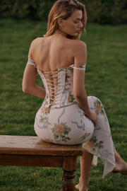 Soft Blue Vintage Print Corset Maxi Dress