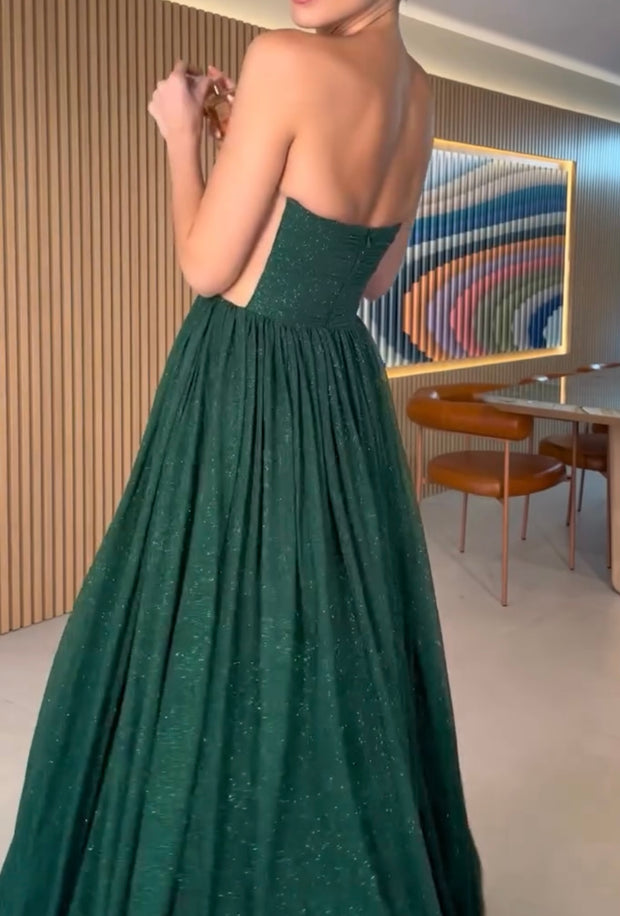 Elegant Tube Top Backless Pleated Large Hem Shiny Dress