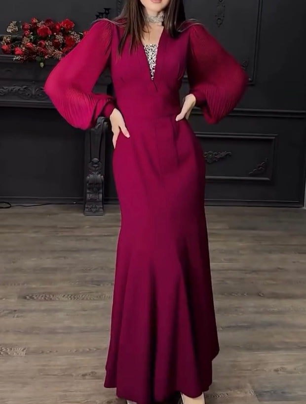 Satin Lantern Sleeve Red Dress