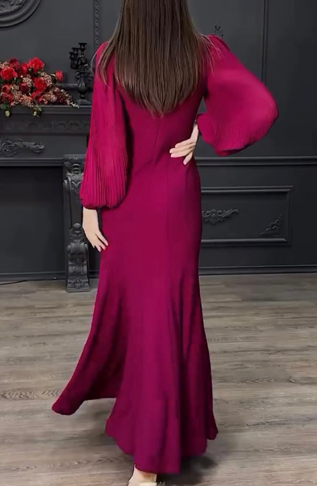 Satin Lantern Sleeve Red Dress
