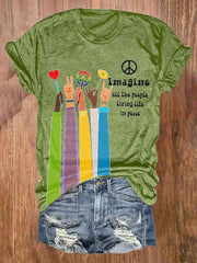 Retro Hippie Imagine All The People Living Life In Peace Print T-Shirt