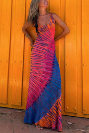 La Bamba Tie-dye Print Back Lace-up Stretch Maxi Dress