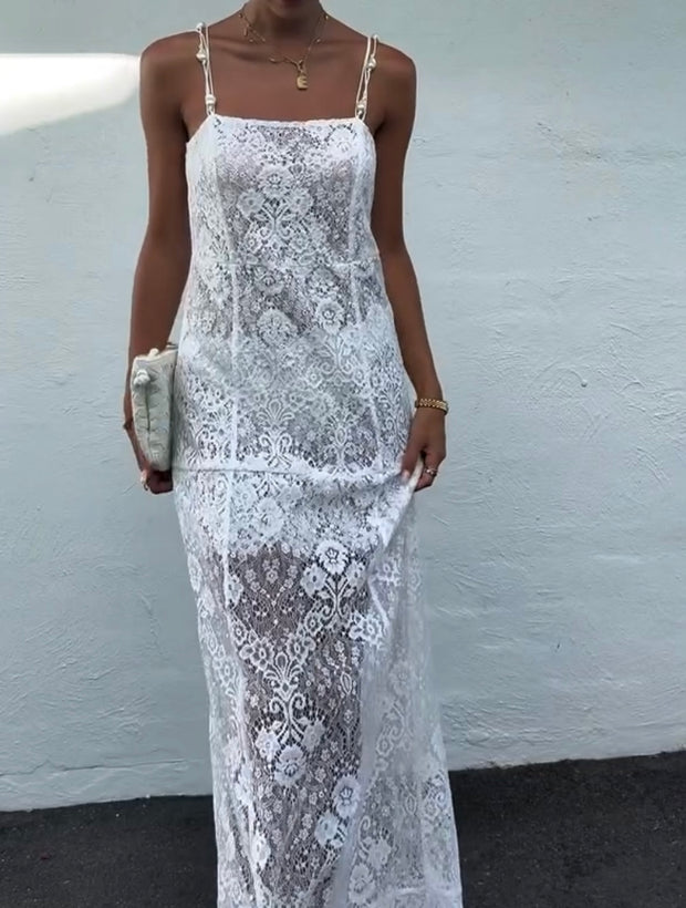 Sexy Sling Embroidered Mesh Dress